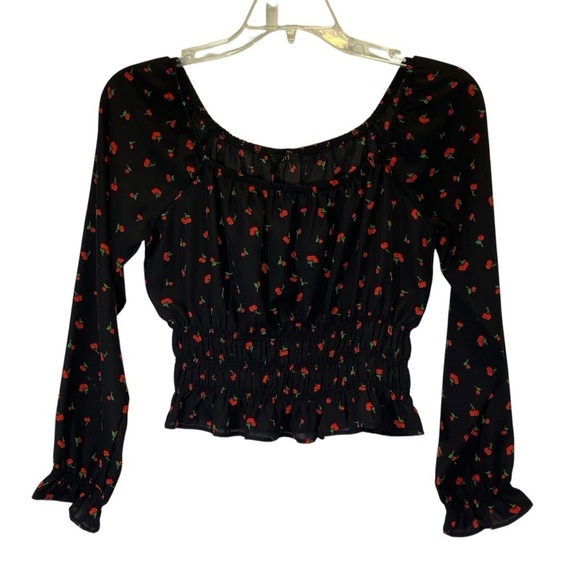 IRIS Women size Medium Black cherry print long sleeve off shoulder ruched blouse - Picture 6 of 8